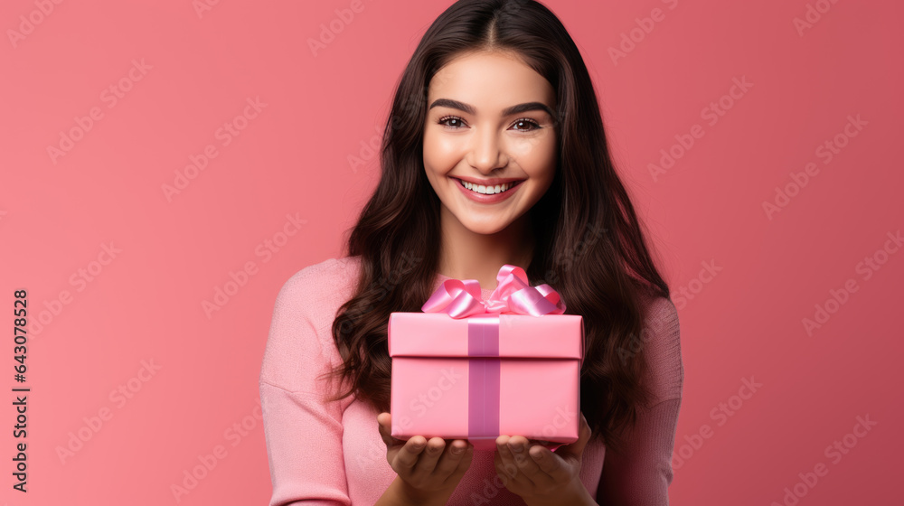 Happy brunette woman holding gift box and looking at the camera while enjoys over pink background Happy brunette woman holding gift box and looking at the camera while enjoys over pink background