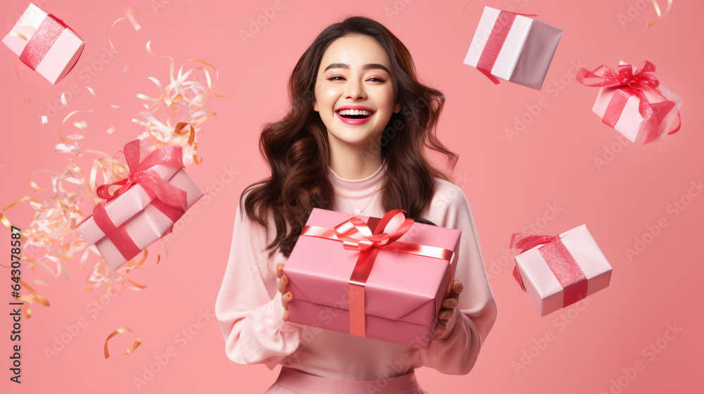 Happy brunette woman holding gift box and looking at the camera while enjoys over pink background Happy brunette woman holding gift box and looking at the camera while enjoys over pink background
