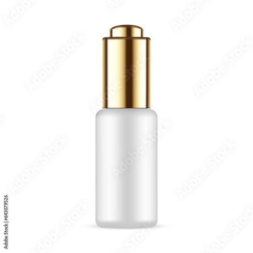 Dropper Bottle Mockup With Golden Cap, Isolated on White Background. Vector Illustration