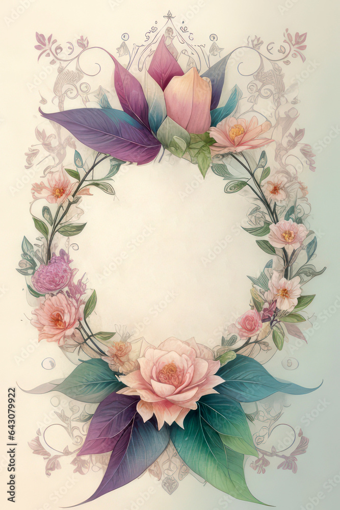 Illustration, postcard design, floral pattern, space for text in the middle.Generative AI Illustration, postcard design, floral pattern, space for text in the middle.Generative AI