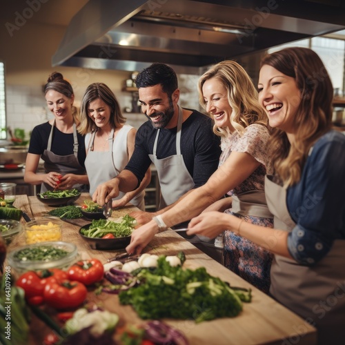 group of friends enjoying a healthy cooking. Shot of a group of friends cooking in the kitchen together. AI Generative.