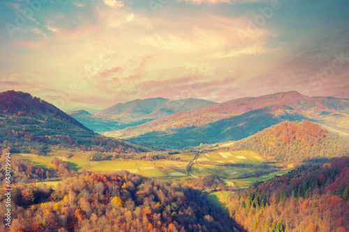 View of the colorful mountains in autumn. Carpathian mountains. Ukraine