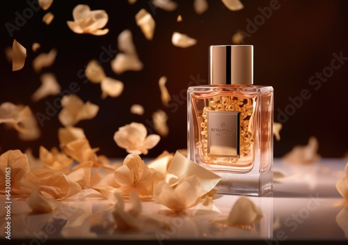 a realistic style perfume in a glass bottle on a background with luxurious flower. Great advertising poster for promoting a new fragrance. AI Generative.