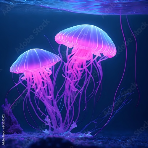 blue and pink luminescent jellyfish