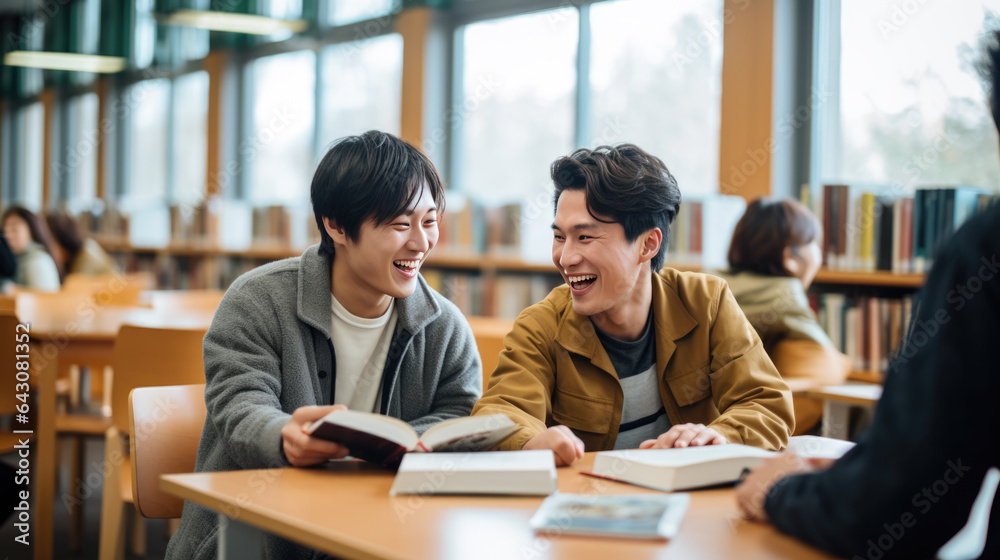 Two student friends sitting in the library getting ready for class Two student friends sitting in the library getting ready for class
