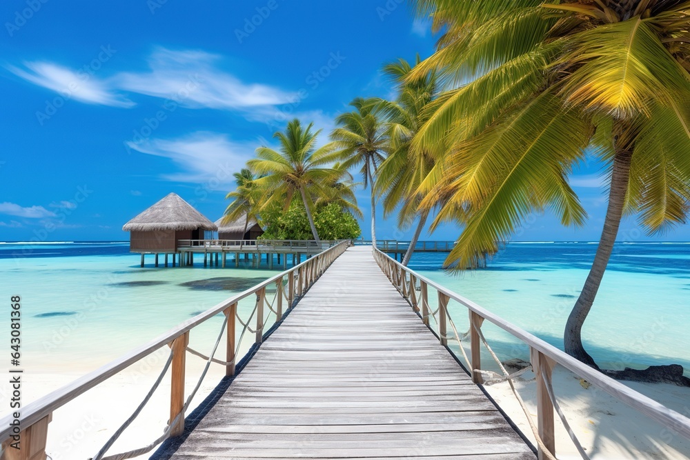 Coconut Palm tree on amazing perfect white sandy beach in island and a bridge to the bungalow. Perfect landscape background for relaxing vacation