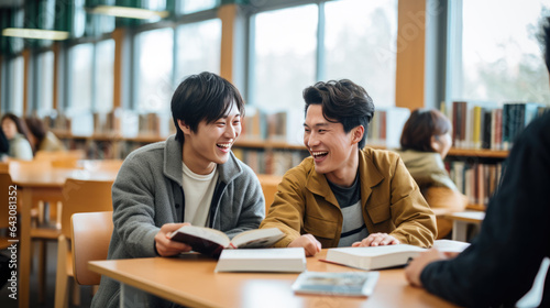 Two student friends sitting in the library getting ready for class