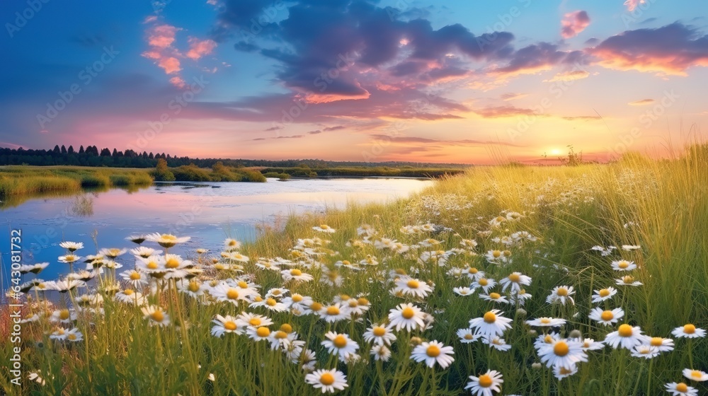 Bright beautiful romantic panoramic natural landscape of summer meadow with daisies against blue sky with clouds on sunset.