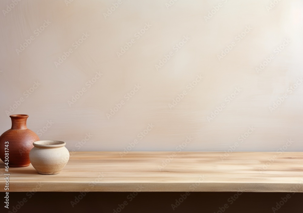 empty mockup space on a wooden tabletop against a plants on pot, minimal wooden living room as a background. AI Generative. empty mockup space on a wooden tabletop against a plants on pot, minimal wooden living room as a background. AI Generative.