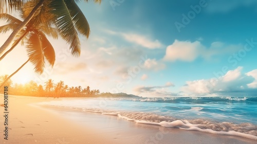 A paradise beach with golden sand and palm leaves in blur. Summer banner.