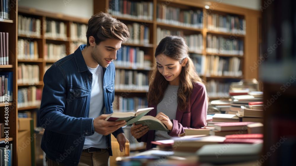 Two student friends in the library reading book Two student friends in the library reading book