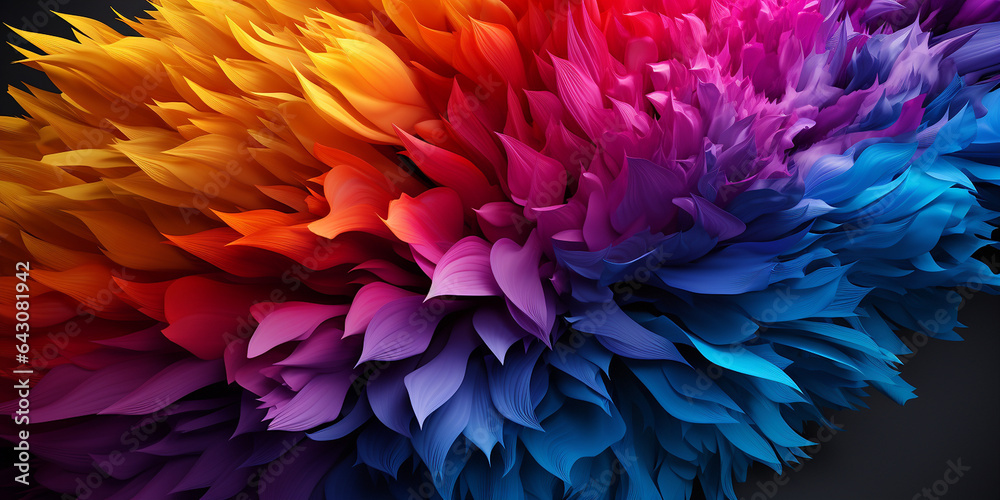Wunderschöne bunte leuchtfarbene Federn als Hintergrundmotiv im Querformat für Banner, ai generativ