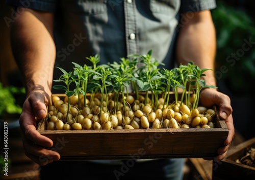 Young farmer with freshly picked Carrots in basket. Hand holding wooden box with vegetables in field. Fresh Organic Vegetable. AI Generative.