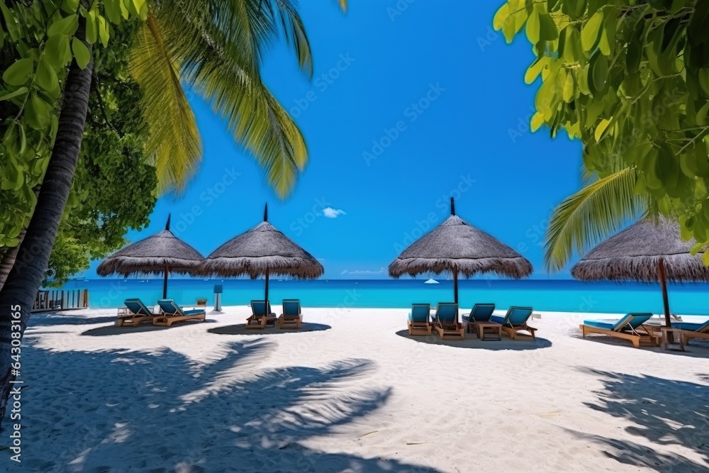 Beautiful sandy beach on island in shade of green palm trees and thatched umbrellas with sun loungers.