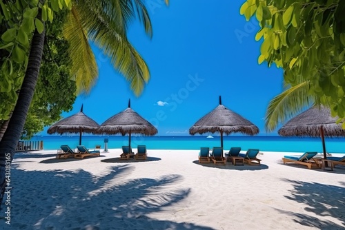 Beautiful sandy beach on island in shade of green palm trees and thatched umbrellas with sun loungers. © arhendrix