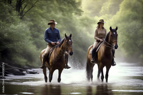 On Nature Trail - Couple Horseback Riders in River with Waterfall, created with Generative AI technology