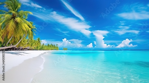 Beautiful natural tropical landscape  beach with white sand and Palm tree leaned over calm wave. Turquoise ocean on background blue sky with clouds on sunny summer day.