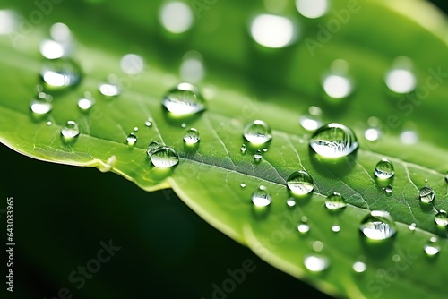 Water drops sparkle in sun on leaf in sunlight, macro. Big droplet of morning dew outdoor, beautiful round bokeh. Amazing artistic image of purity of nature