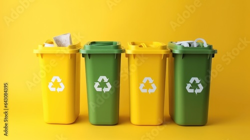 Different color recycling garbage container on yellow background.