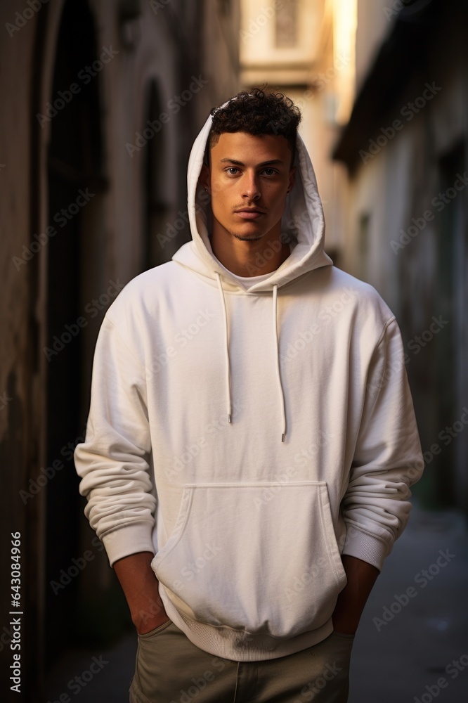 Rustic European Alleyway Mockup with Male Model in White Hoodie, Relaxed Pose Rustic European Alleyway Mockup with Male Model in White Hoodie, Relaxed Pose