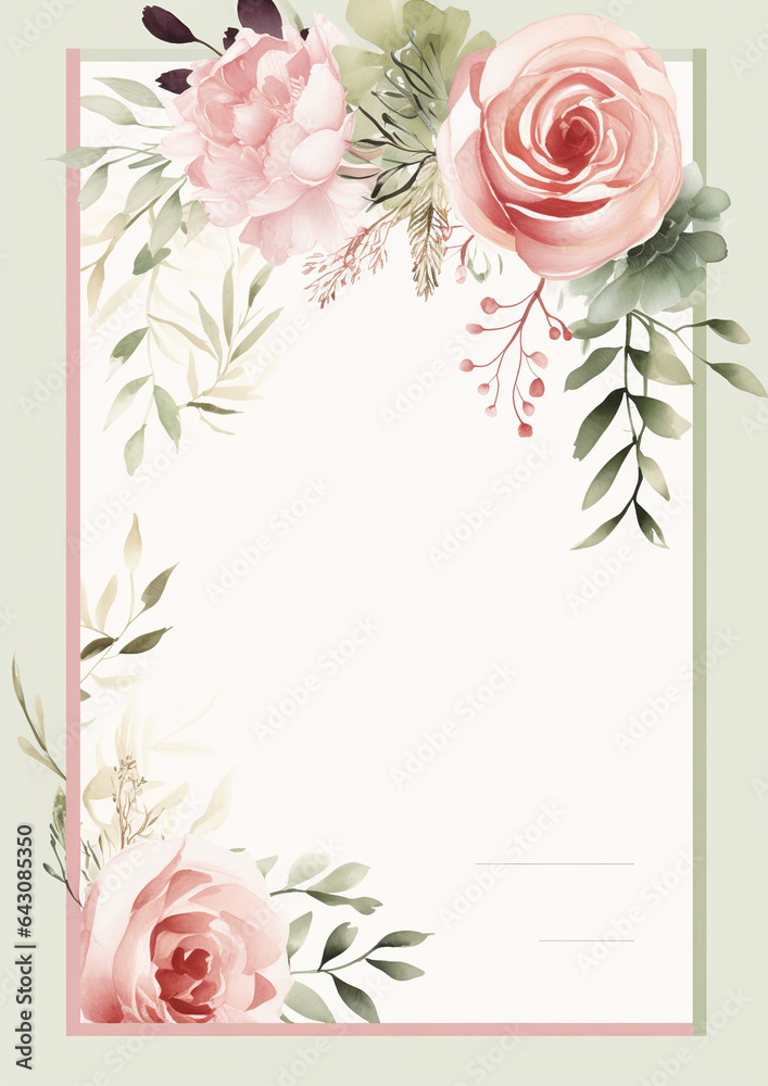 Obraz premium Watercolor Wedding Invitation Card Template, Dusty Rose and calming Sage Green hues , elegant Peonies, symbols of romance and prosperity