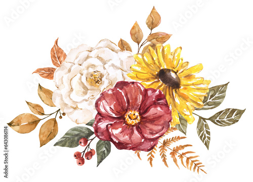 A watercolor floral arrangement featuring autumn flowers and foliage. Botanical illustration of a fall bouquet. PNG clipart.