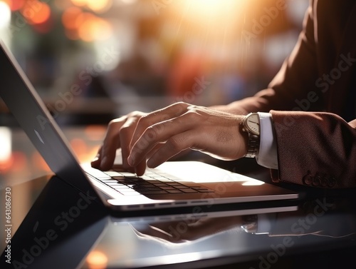 closeup with hand of businessman using laptop, with out door cafe, chilling, technology concept. AI Generative.