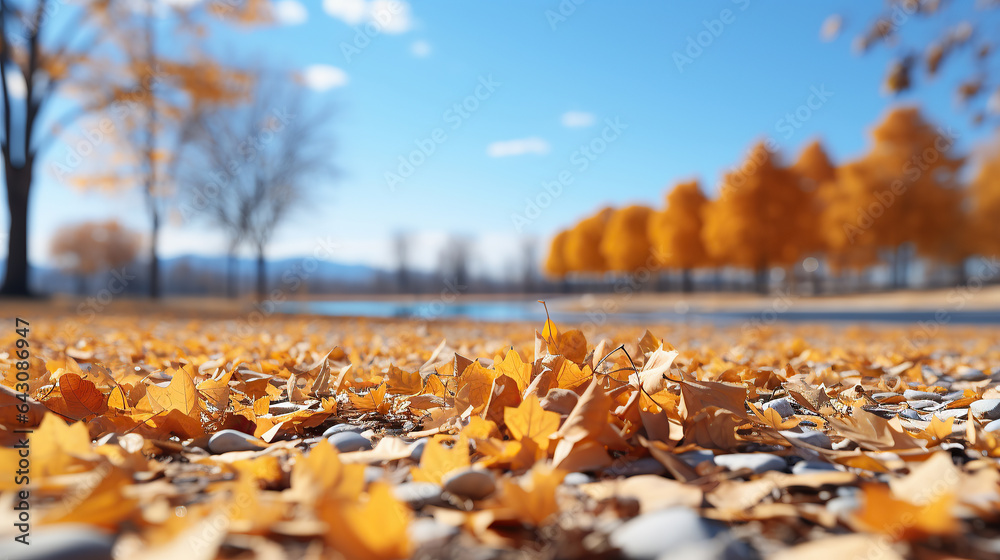 A carpet of beautiful yellow and orange fallen leaves against a blurred natural park and blue sky on a bright sunny day. Natural autumn landscape. - obrazy, fototapety, plakaty 