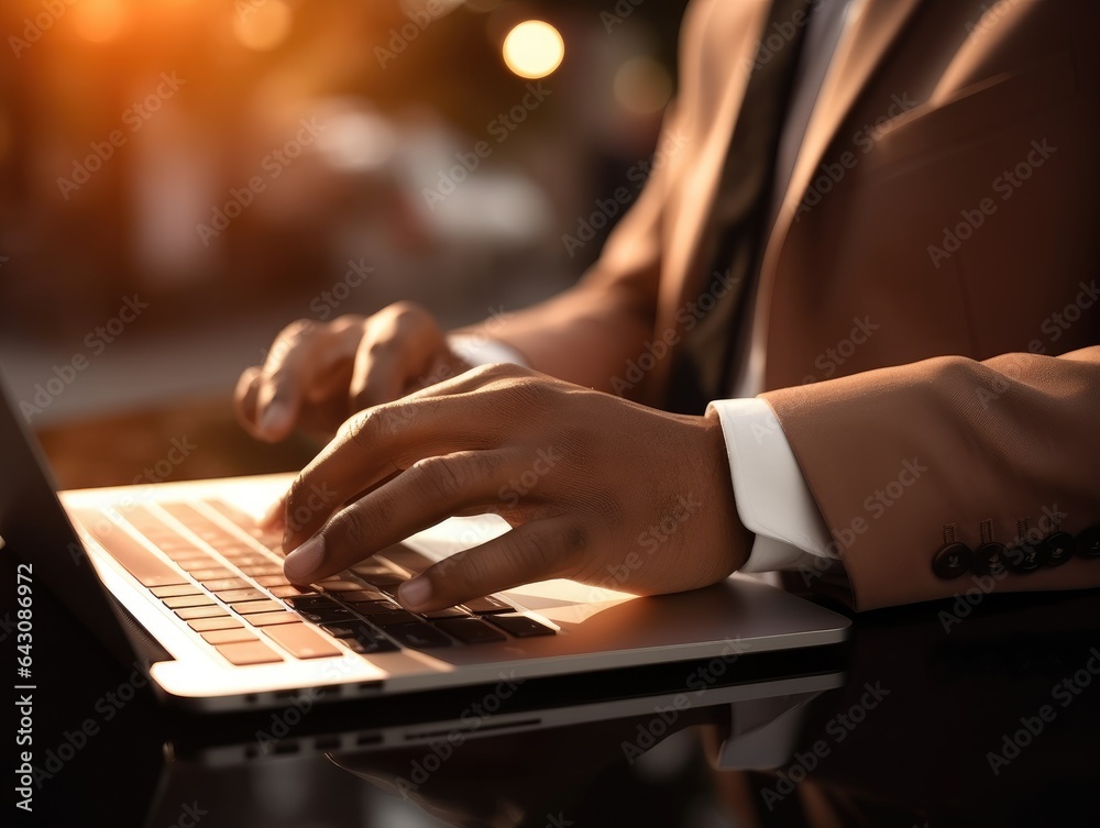 closeup with hand of businessman using laptop, with out door cafe, chilling, technology concept. AI Generative. closeup with hand of businessman using laptop, with out door cafe, chilling, technology concept. AI Generative.