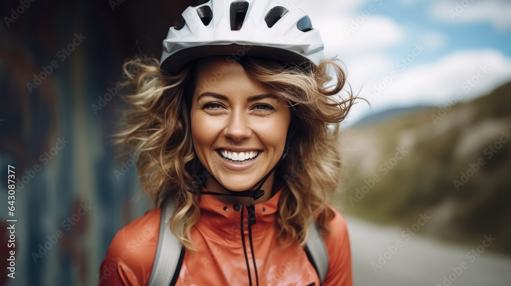Happy beautiful lady in protective helmet riding bike exploring city, Enjoying. Happy beautiful lady in protective helmet riding bike exploring city, Enjoying.