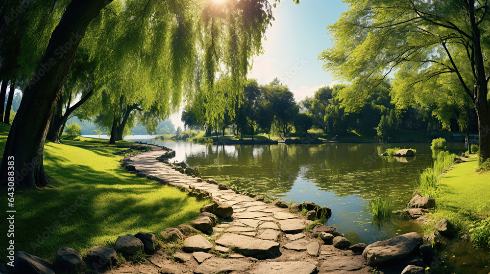 Beautiful colorful summer spring natural landscape with a lake in Park surrounded by green foliage of trees in sunlight and stone path in foreground. - obrazy, fototapety, plakaty 