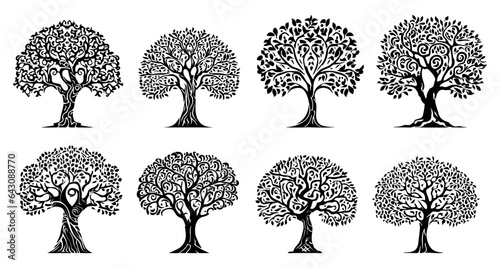 Camphor tree, decorative pattern, black silhouette of bonsai on a transparent background, vector set
