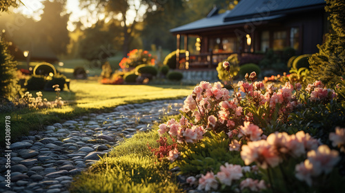 Beautiful manicured lawn and flowerbed with deciduous shrubs on private plot and track to house against backlit bright warm sunset evening light on background. Soft focusing in foreground.