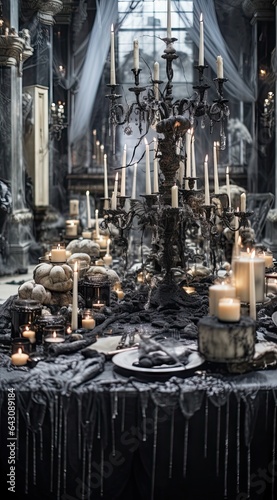 a table with candles, skulls and other items in the middle part of the table is an old - fashioned chandel