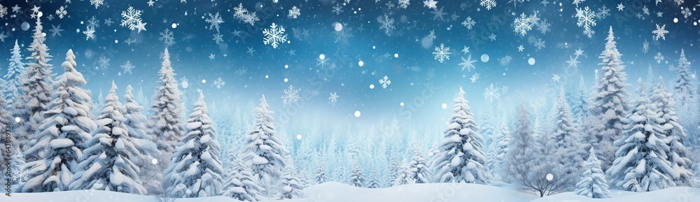 Winter panoramic background with snow-covered fir branches and snowfall flakes. Christmas background