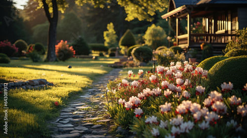 Beautiful manicured lawn and flowerbed with deciduous shrubs on private plot and track to house against backlit bright warm sunset evening light on background. Soft focusing in foreground.