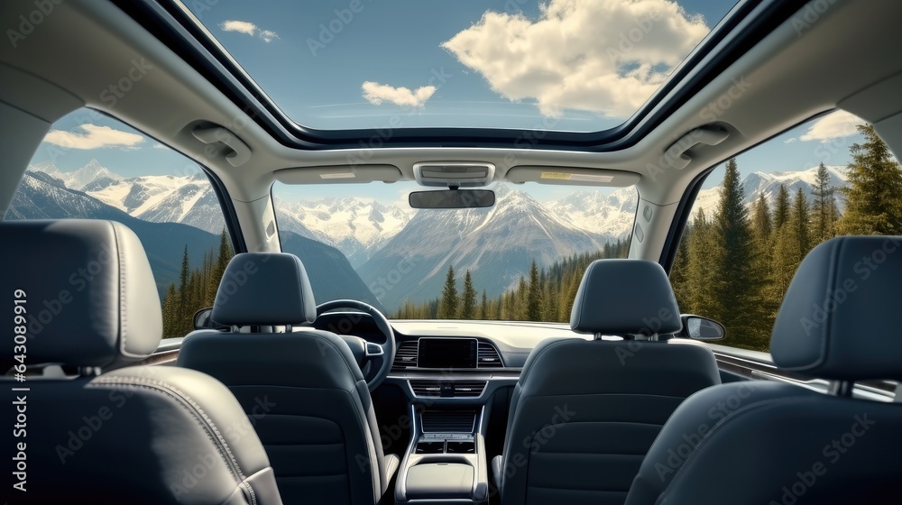 Interior of electric vehicle passenger seat with mountain view, Modern interior of car. Interior of electric vehicle passenger seat with mountain view, Modern interior of car.