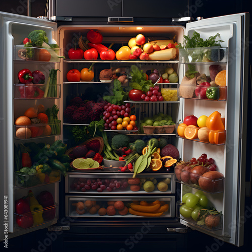 Open refrigerator showing many different fruits and vegetables. A healthy eating and food concept. Generative ai. 