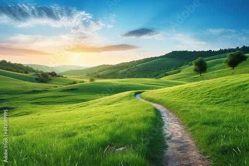 A green grass field in hilly area in morning at dawn against blue sky with clouds. Natural panoramic spring summer landscape with winding path.