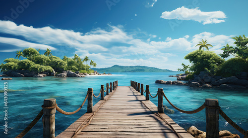 Beautiful tropical landscape background, concept for summer travel and vacation. Wooden pier to an island in ocean against blue sky with white clouds. © Santy Hong