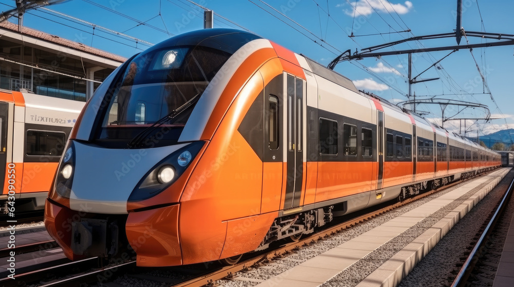 Fototapeta premium Passenger trains parked at railway station.