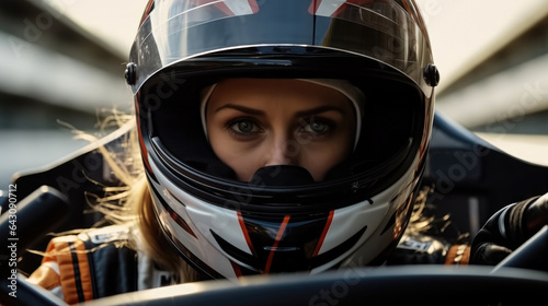 Portrait of a professional woman sports car racer in a helmet driving auto on the track.