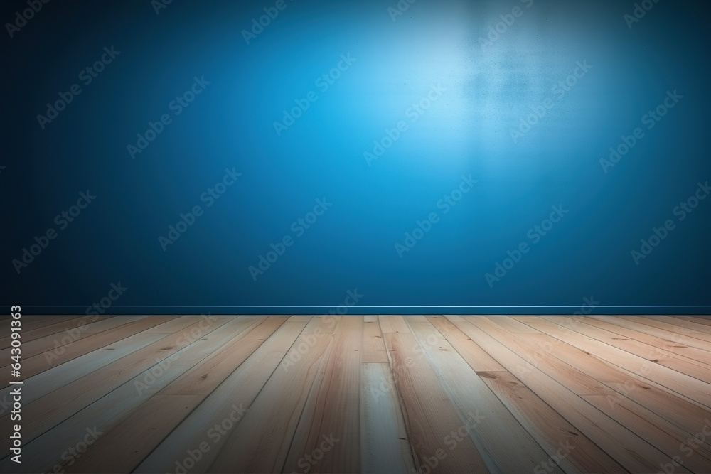 Blue empty wall and wooden floor with interesting light glare. Interior background. Blue empty wall and wooden floor with interesting light glare. Interior background.