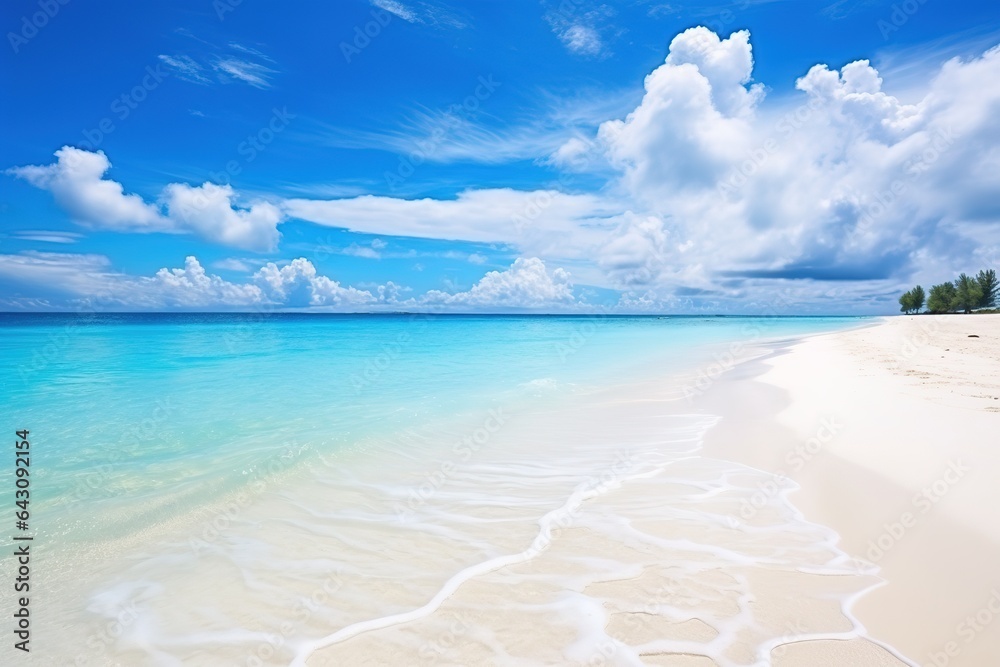 Beautiful sandy beach with white sand and rolling calm wave of turquoise ocean on Sunny day on background white clouds in blue sky. Colorful perfect panoramic natural landscape
