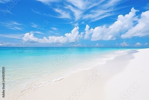 Beautiful sandy beach with white sand and rolling calm wave of turquoise ocean on Sunny day on background white clouds in blue sky. Colorful perfect panoramic natural landscape