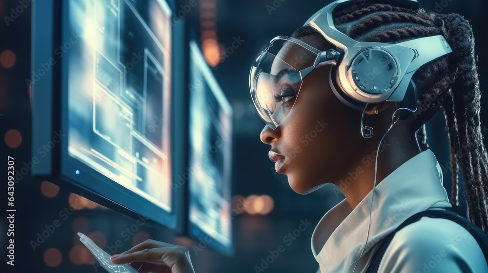 Black woman using computer program, Discussing on video call, Multicultural diversity future technology.