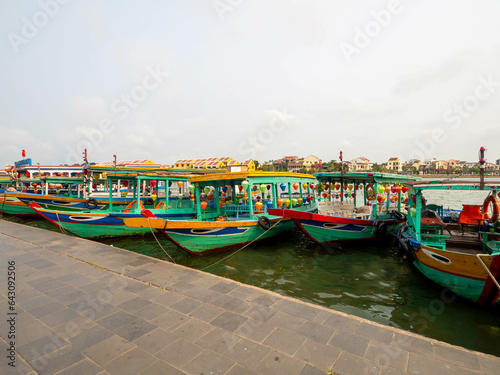 The colorful antique boat around Thu Bon River, Hoi An, Vietnam.