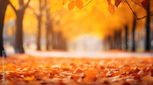 Beautiful Autumn leaves in orange against a blurry park in sunlight with beautiful bokeh. Natural autumn background