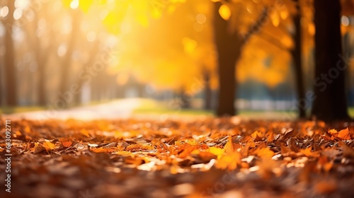 Beautiful Autumn leaves in orange against a blurry park in sunlight with beautiful bokeh. Natural autumn background © arhendrix