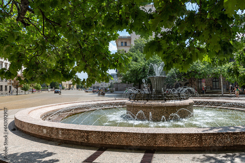 Sofia, Bulgaria, August 19, 2023: Fountain near The National Archaeological Museum